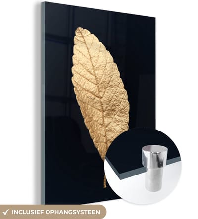 MuchoWow® Glasschilderij 120x160 cm - Schilderij acrylglas - Black en gold - Bladeren - Zwart - Planten - Luxe - Foto op glas - Schilderijen