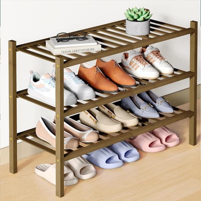 Homaxy - Schoenenrek (3 niveaus) - Bamboe Schoenenrek - Houten Schoenenkast -Schoenenrek hout - 68x28x46.5cm - Walnoothoutkleur