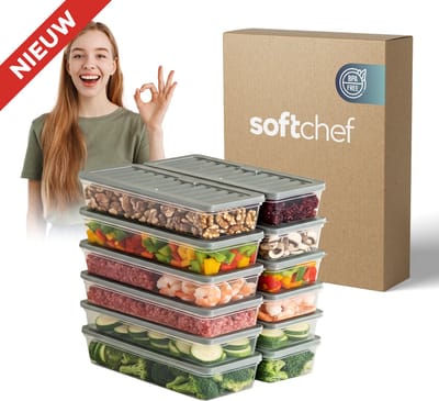 Soft Chef Fresh Box 12-delig 1170 ml – Stapelbare Meal Prep & Vriezerbakjes met Grijs Deksel – BPA-vrij, Magnetron en Vaatwasserbestendig