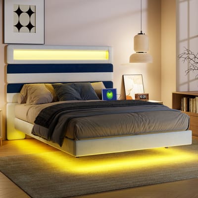 Elegant tweepersoonsbed (140x190 cm) met verstelbaar hoofdbord, USB-poorten en LED-verlichting. Bekleed met zachte velvet in beige en blauw.