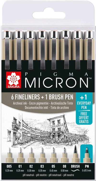 Fineliner sakura pm 6 breedtes brushpen pn zwart | 6 stuks