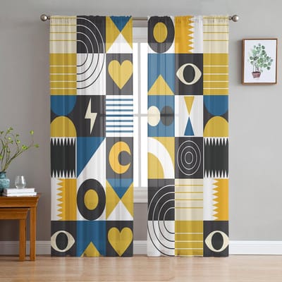 Lijn Kleurblok Retro Tule Gordijnen Voor Woonkamer Slaapkamer Voile Transparant Gordijn Raam Huisdecoratie Gordijnen 135W x 114H(cm) black