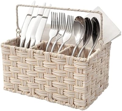 PromoHome Bestekhouder met 4 Vakken - Handgeweven Rieten Design - Draagbare Gebruiksvoorwerpen Organizer voor Keuken, Picknick en Camping - Grijze Kleur