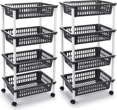 Plasticforte opberg trolley - roltafel - met 4 manden - donkergrijs - set 2x stuks - 40 x 50 x 85 cm - Etagewagen - kar met opbergkratten - kunststof