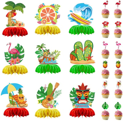 MTTproducts- Tafeldecoratie Hawaii - 9 Stuks Bienenwabe-Middelstukken - 24 Stuks Cupcake Topper - Feestdecoratie - Tafelversiering - Tropische Sfeer