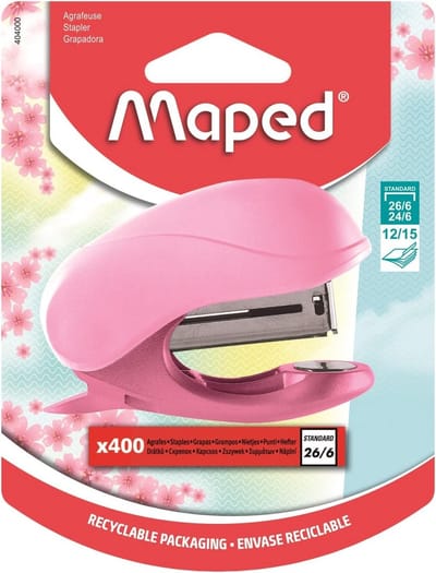 Mini nietmachine pastelroze met 400 nietjes - Gerecycled materiaal - Ergonomisch ontwerp - Geschikt voor 24/6 en 26/6 nietjes