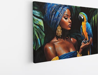 Saammp - Canvas Schilderij - Vrouw met papegaai - Abstract - 30x20 - Foto op canvas - Wanddecoratie - Muurdecoratie Woonkamer - Slaapkamer decoratie - Canvas Print
