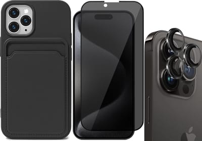 Hoesje Pasjeshouder geschikt voor iPhone 15 Pro - Privacy Screenprotector FullGuard + Camera Lens Screen Protector Zwart - Siliconen Case Back Cover Zwart