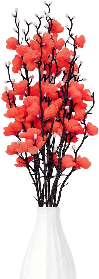 Dailygoods - 6 stuks kunstmatige rode pruimenbloesem, nep zijden stof pruim bloemen boeketten, 55 cm plastic simulatie zijden bloem voor kantoor, hotel, thuis, tafel, bruiloft, vaas, decoratie