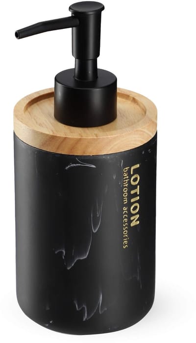KADAX Zeepdispenser, diameter 7,5 cm, handzeepdispenser in marmerpatroon, zeepdoseerder van kunststof met bamboedeksel, pompdispenser in twee kleuren, badaccessoire (zwart)