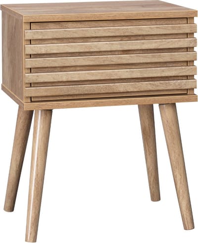 sweeek - Nachtkastje in scandinavische stijl met houtdecor, gegroefde lade en kompaspoten