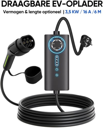 HexinexMarket enkelfasige EV-laadkabel Type 2 - 3.68KW 6M - Schuko Plug - bediening Schakelbare stroom 6A/8A/10A/13A/16A - Instelbare tijd - IEC62196-2 & IP67