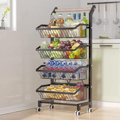 Famanu – Keukenwagen groenterek – stapelbare fruitmand met wielen en houten handvat (zwart)