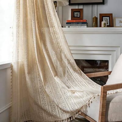 Boho Macramé Gordijnen met Fringes, Katoenen Linnen Raamdecoratie voor Woonkamer en Slaapkamer, Vintage Stijl en Natuurlijke Materialen