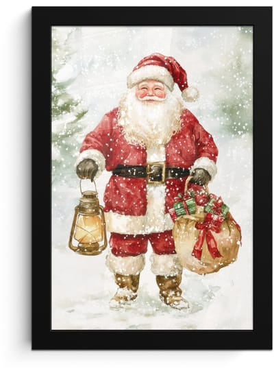 Poster in lijst - Fotolijst 20x30 cm - Posters - Kerstman- Winter - Sneeuw - Wit - Rood - Posterlijst zwart - Decoratie - Wanddecoratie woonkamer - Muurdecoratie slaapkamer - Kerstversiering - Kerstdecoratie voor binnen - Kerstmis
