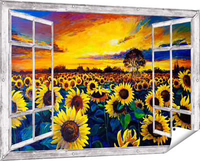 Gards Tuinposter Doorkijk Getekende Zonnebloemen Veld met Olieverf - 150x100 cm - Tuindoek - Tuindecoratie - Wanddecoratie buiten - Tuinschilderij
