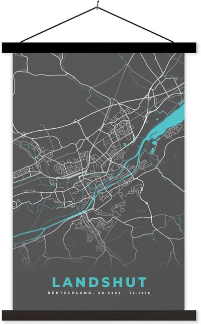 Posterhanger incl. Poster 60x90 cm - Schoolplaat - Duitsland – Blauw – Landshut – Stadskaart – Kaart – Plattegrond - Textielposter - Zwarte latten - Stadskaart