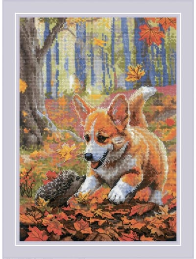 Riolis borduurpakket corgi hondje tussen de bladeren 2303 telpatroon