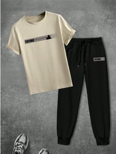 Trendy Comfortabele Toekomst T-shirt en Joggingbroek Set – Stijlvolle Casual Kleding met Unieke Print - Beige Zwart - S-M