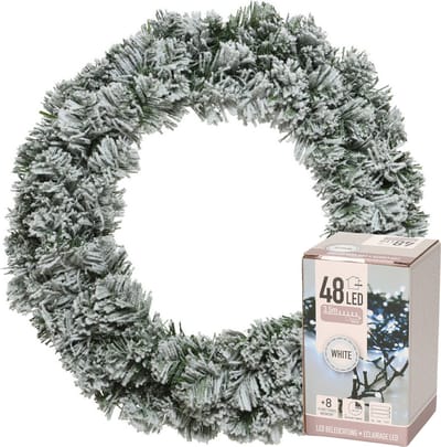 Decoris Kerstkrans - groen met sneeuw - D35 cm - incl. verlichting helder wit