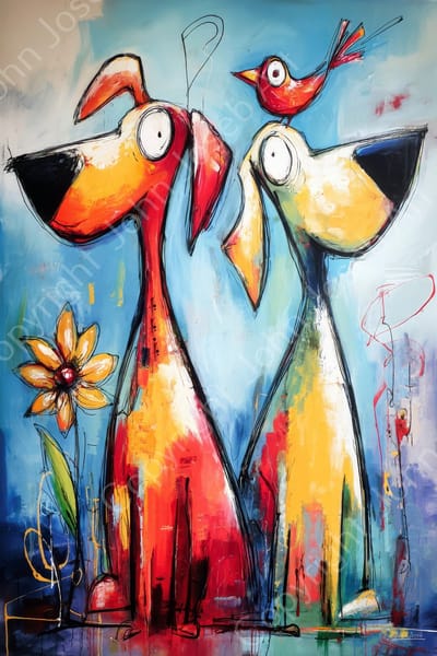 John Joseb Art (Canvas) 60x40 | Honden kijken naar vogel, kleurrijk, abstract, kunst, dier, hond, geel, blauw, rood, modern | Foto-Schilderij canvas print (wanddecoratie)