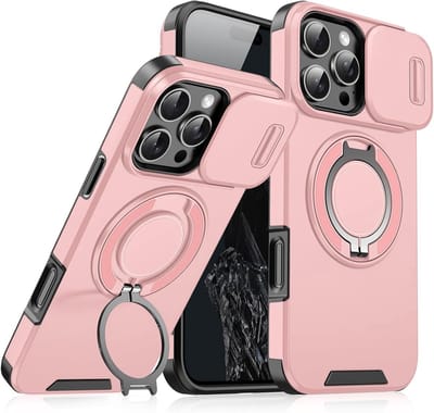 Armor Tough [360° draaibare ringstandaard] [compatibel met Magsafe] Hoesje Geschikt voor: iPhone 16 Pro - Ingebouwde dia camera cover - Hybrid - Roze