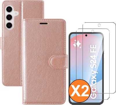 Hoesje geschikt voor Samsung Galaxy S24 FE hoesje Rose Goud pasjeshouder telefoon - Met screenprotector tempered glass voor Galaxy S24 FE - 2x