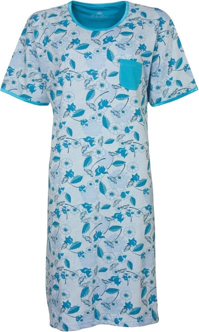 Medaillon Dames Nachthemd - Bloemendessin - Licht Blauw - Maat S