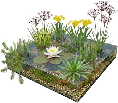 vdvelde.com - Compleet vijverpakket inheems 500-1.250L - Witte waterlelie Nymphaea Alba met inheemse oever- en zuurstofplanten, vijvermandjes, substraat & BACTA CLEAR - Complete set