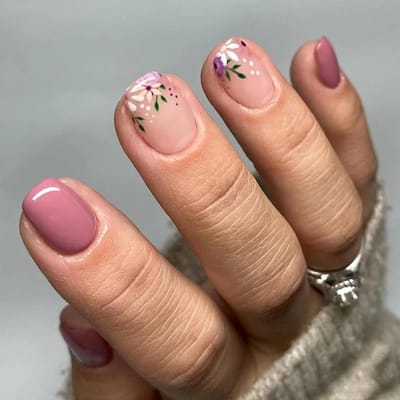 Set van 24 Korte Vierkante Franse Vintage Bloemen voor Nagels, Glanzende Lijm en Acryl Nagellijm voor Vrouwen en Meisjes