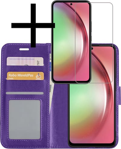 Hoesje - Met Screenprotector - Geschikt voor Samsung Galaxy A54 - Luxe Pasjeshouder - Bookcase Portemonee - Flip Case - Kunstleer Book Case - Flipcase - Book Cover - Walletcase - Portemonneehoes - Paars