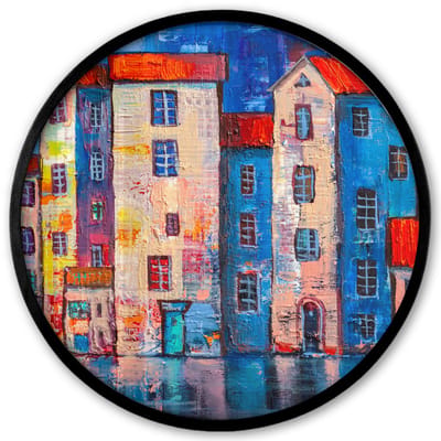 Poster in lijst Rond - Fotolijst 40x40 cm - Posters - Schilderij - Olieverf - Huis - Water - Ronde posterlijst zwart - Decoratie - Wanddecoratie woonkamer - Muurdecoratie slaapkamer