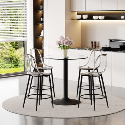 STILVORA Barset - Ronde Glazen Bartafel Met 4 Transparante Barkrukken - Voor Open Keuken En Barhoek - Metaal En Kunststof - 89x89x92 Cm