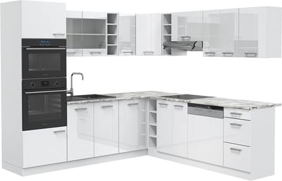 Vicco Hoekkeuken R-Line, Wit Hoogglans/Wit, 247 x 237 cm, WB Marmer
