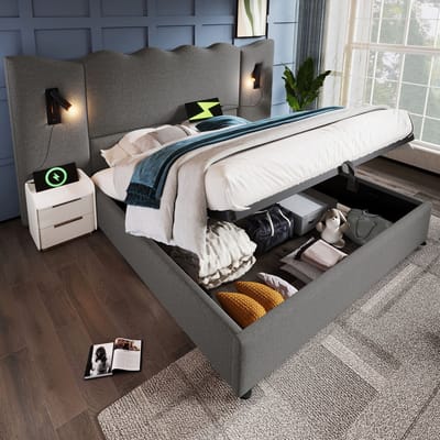 DESMIU Gestoffeerd Bed 180x200 cm – Leeslamp Met Usb En Type C Oplaadfunctie – Hydraulische Opbergruimte – Voor Slaapkamer – Linnen – Grijs – Zonder Matras