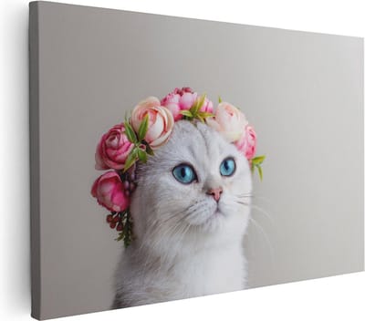 Artaza Canvas Schilderij Kat Met Bloemen - 30x20 cm - Klein - Wanddecoratie Woonkamer - Muurdecoratie Kat - Kamer Accessoires