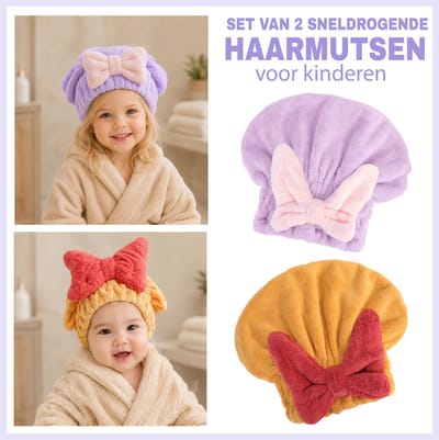 Set van 2 Sneldrogende Haarmutsen voor Kinderen – Microvezel Handdoekmuts met Grote Strik – 3 Maanden tot 3 Jaar