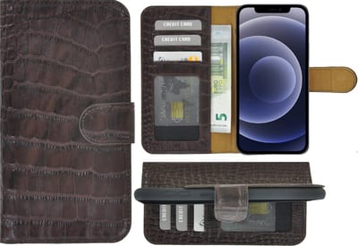 Hoesje Geschikt voor Iphone 12 Pro Max - Bookcase - Iphone 12 Pro Max Hoesje Portemonnee wallet Echt Leer Croco Chocoladebruin Cover