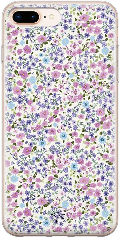 Hoesje geschikt voor iPhone 8 Plus - Paarse bloemen - Soft Case - TPU - Bloemen - Paars - Mooie Telefoonhoesjes