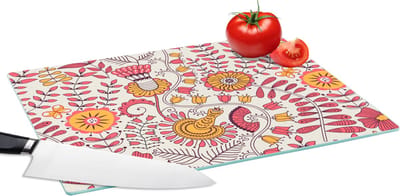 Glazen Snijplank - 39x28 - Bloemen - Design - Roze - Oranje - Snijplanken Glas