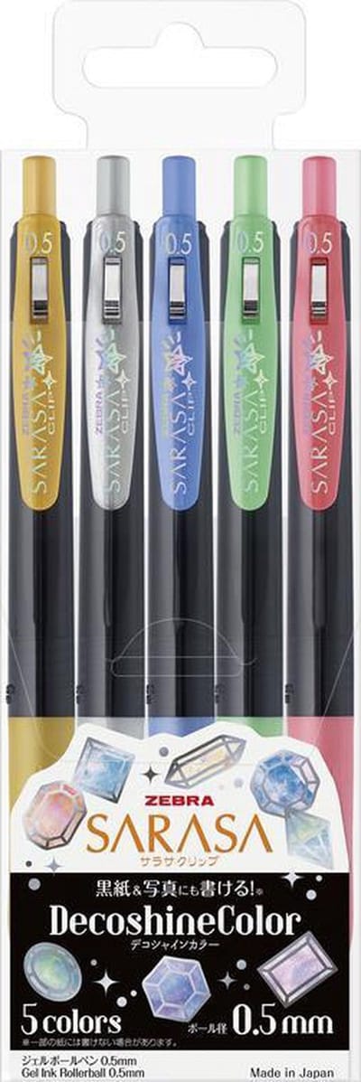 Zebra Sarasa Clip Ballpoint Pen 0.5mm Decoshine Color 5 Color Set + EXTRA een Dubbelzijdige Zebra Brushpen