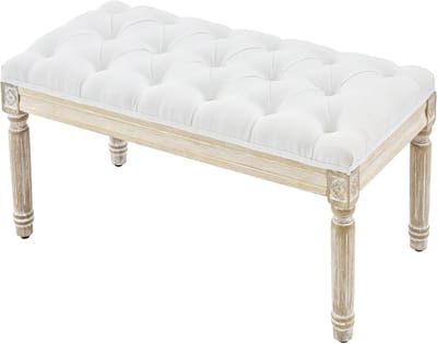 Vintage Bank - Entreebank Gestoffeerd - Zitplaats Creëren - Getuft Linnen Ontwerp - 80 cm Breed - Wit