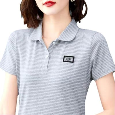 Polo met revers Nieuw Zomer Gestreept T-shirt met korte mouwen Dames Grote Maat Losse Casual Sporttop 4XL gray