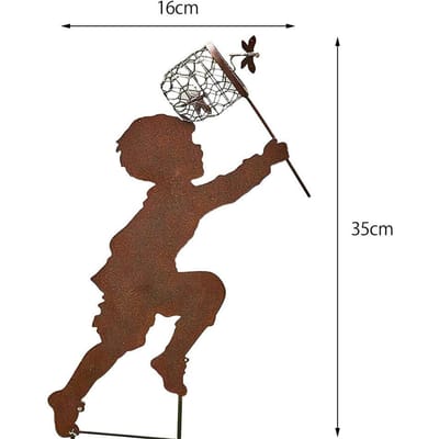 Silhouettes d'enfants qui courent Métal Vintage Silhouette de jardin Sculpture Piquet métallique Décor de jardin boy brown