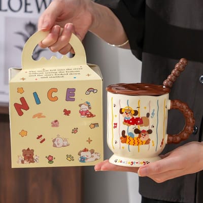 Tasse en Céramique Mignonne Chien Teckel avec Couvercle Cuillère Eau Domestique pour Petit Déjeuner Café Lait Tasse Pratique Cadeau d'Anniversaire 400ML