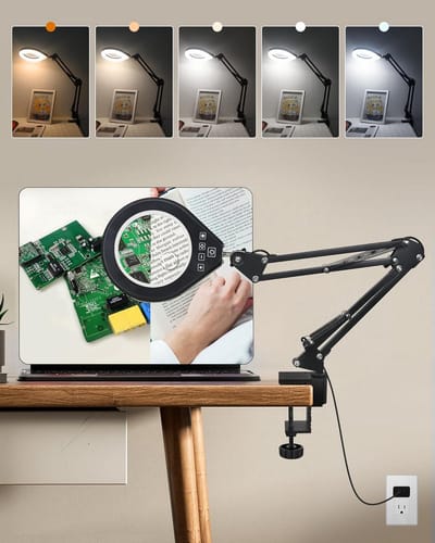 Vergrootglas met Licht - Vergrotende Lamp - Precisiewerk en Lezen - 5 Kleurstanden Traploos - 10x en 5x Vergroting - Wit