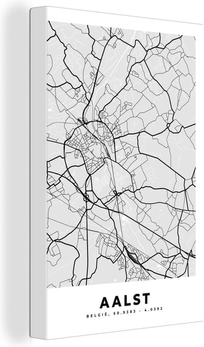 Canvas Schilderij Zwart Wit – België – Plattegrond – Stadskaart – Kaart – Aalst - 20x30 cm - Wanddecoratie