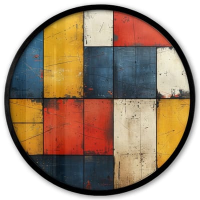 Poster in lijst Rond - Fotolijst 40x40 cm - Posters - Mondriaan stijl - Kunst - Kleurrijk - Modern - Ronde posterlijst zwart - Decoratie - Wanddecoratie woonkamer - Muurdecoratie slaapkamer