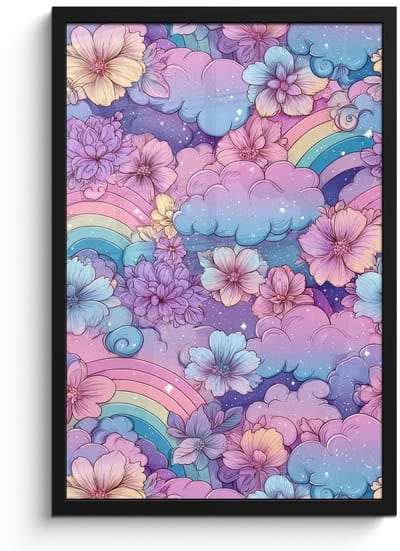 Poster in lijst - Fotolijst 40x60 cm - Posters - Regenbogen - Bloemen - Kleurrijk - Wolken - Posterlijst zwart - Decoratie - Wanddecoratie woonkamer - Muurdecoratie slaapkamer