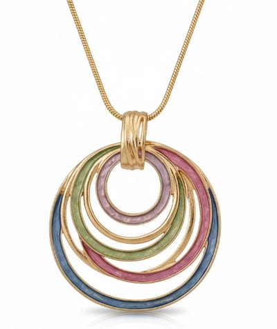 Goudkleurige ketting met meerkleurige cirkelhangers – ketting voor dames – fantasiehanger in blauw, groen, paars en roze – minimalistische slangketting